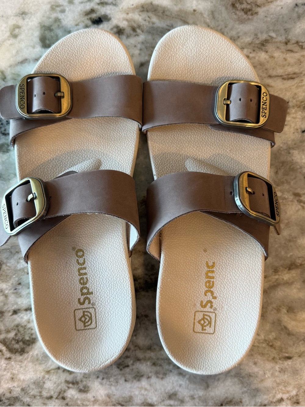 Spenco Vista Slide Sandals Orthotic Buckle Strap Leather Tan Womens Size 8 B